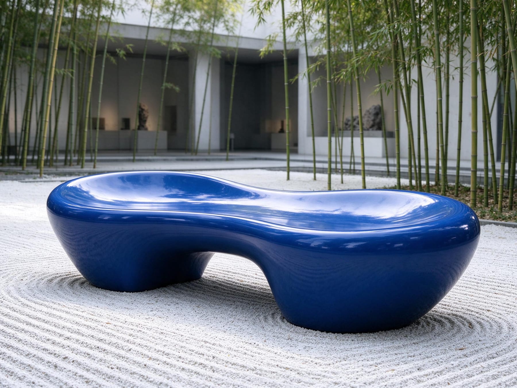 Glossy cobalt bean bench in a gravel courtyard