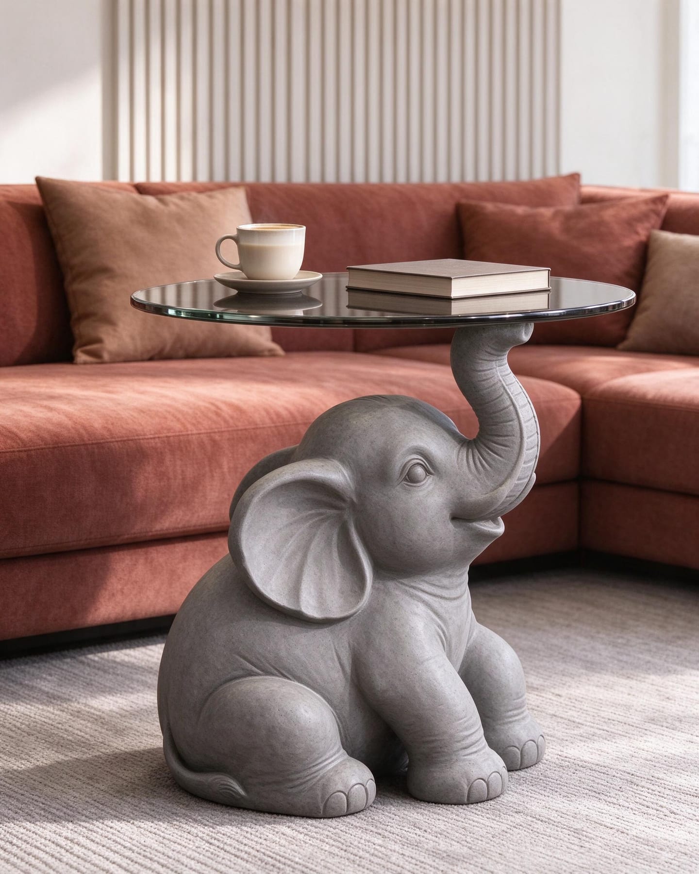Stone-grey baby elephant side table with smoked-glass top