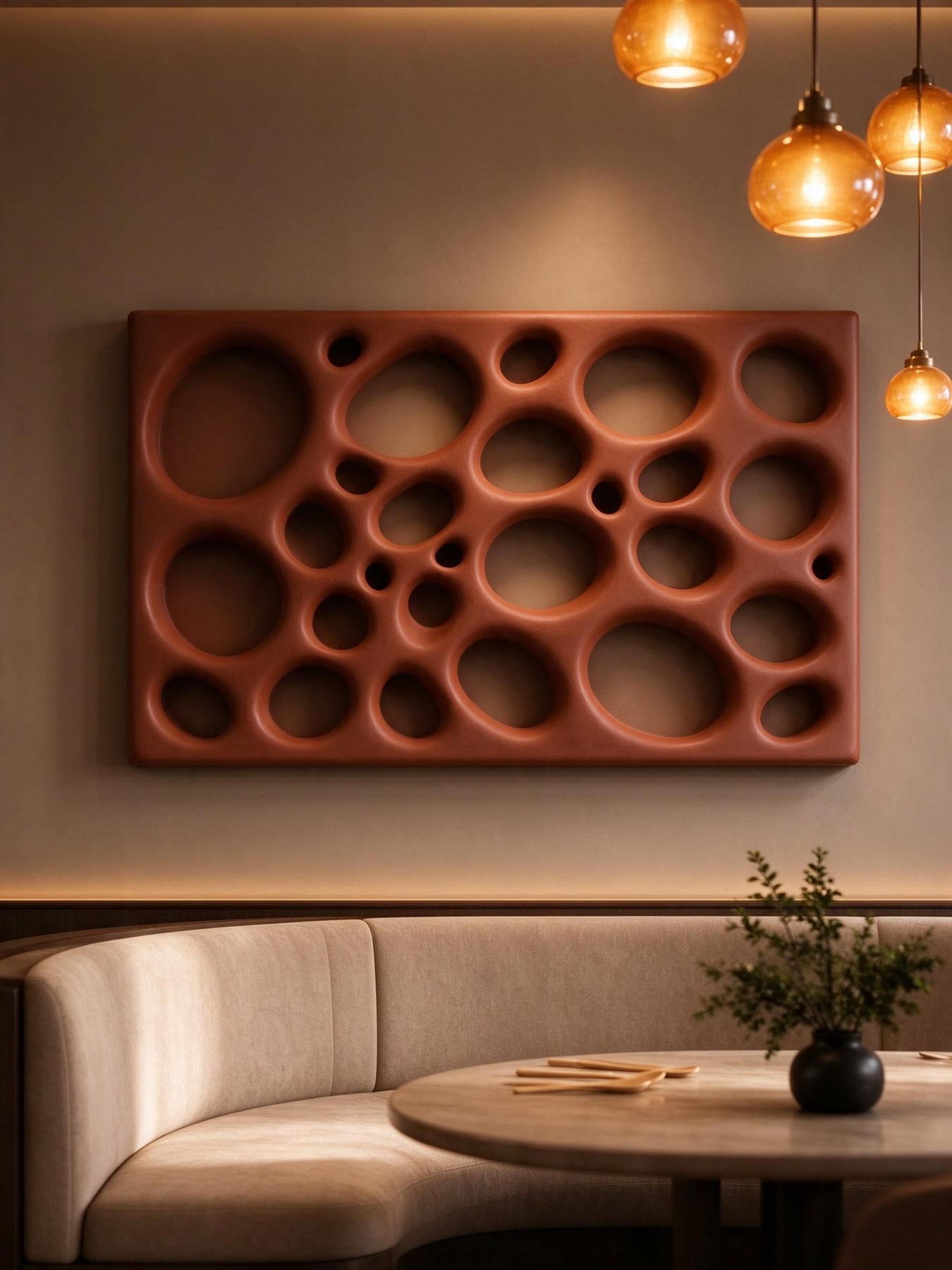 Terracotta perforated wall panel above restaurant seating