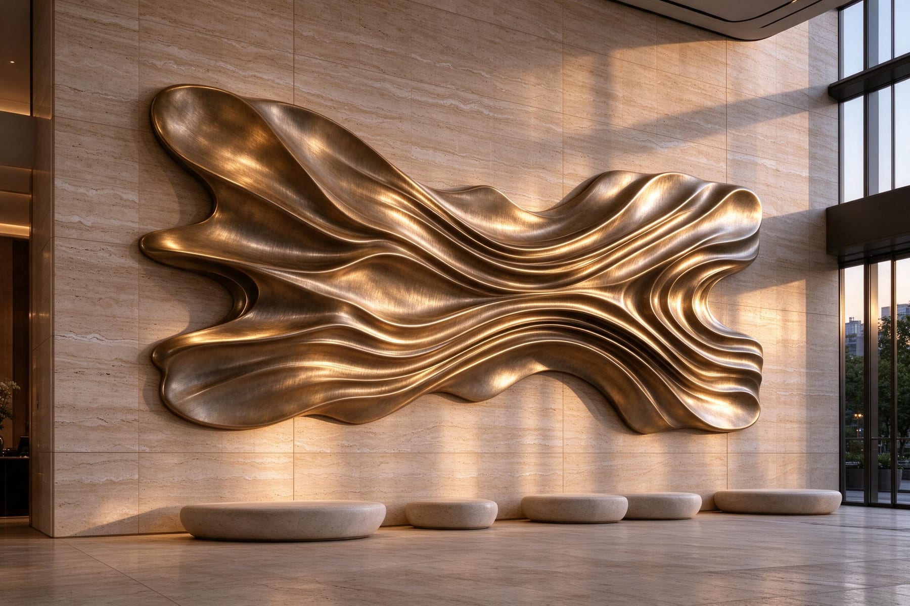 Bronze ripple wall relief in a travertine hotel lobby
