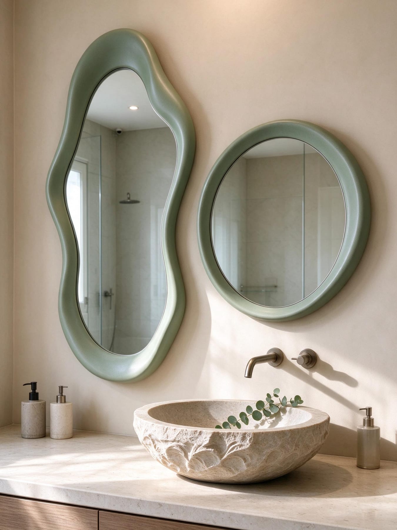 Pair of sage-green organic mirrors above a stone basin