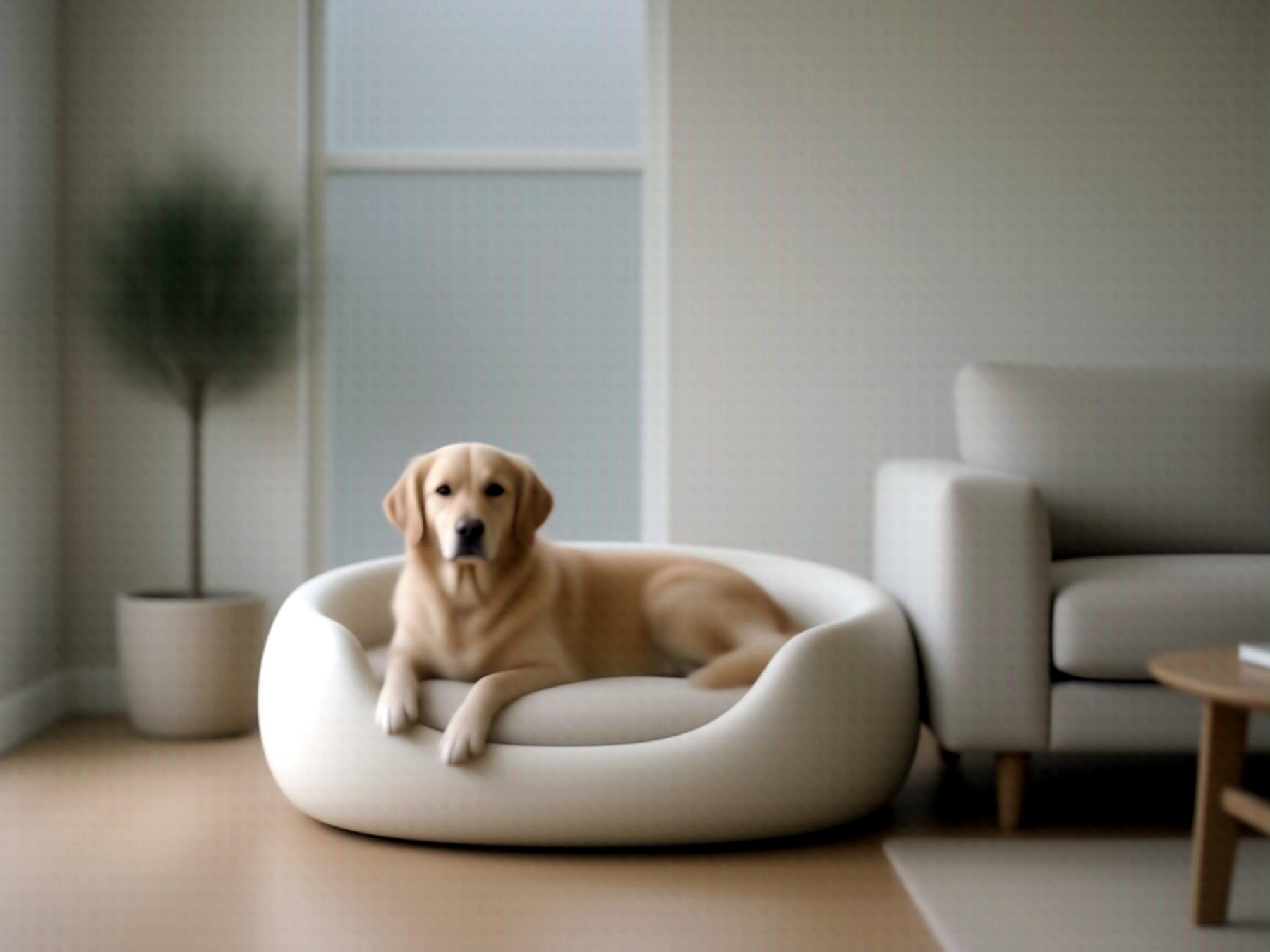 Golden retriever resting in an ivory fiberglass cocoon dog bed
