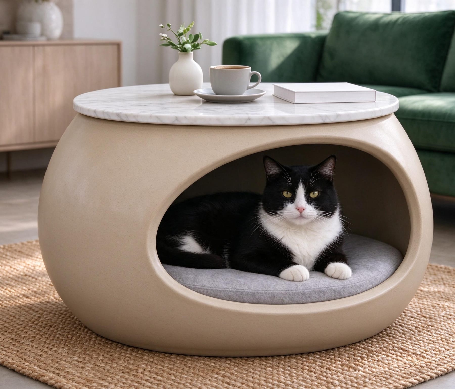 Sand-beige pet-den coffee table with marble top