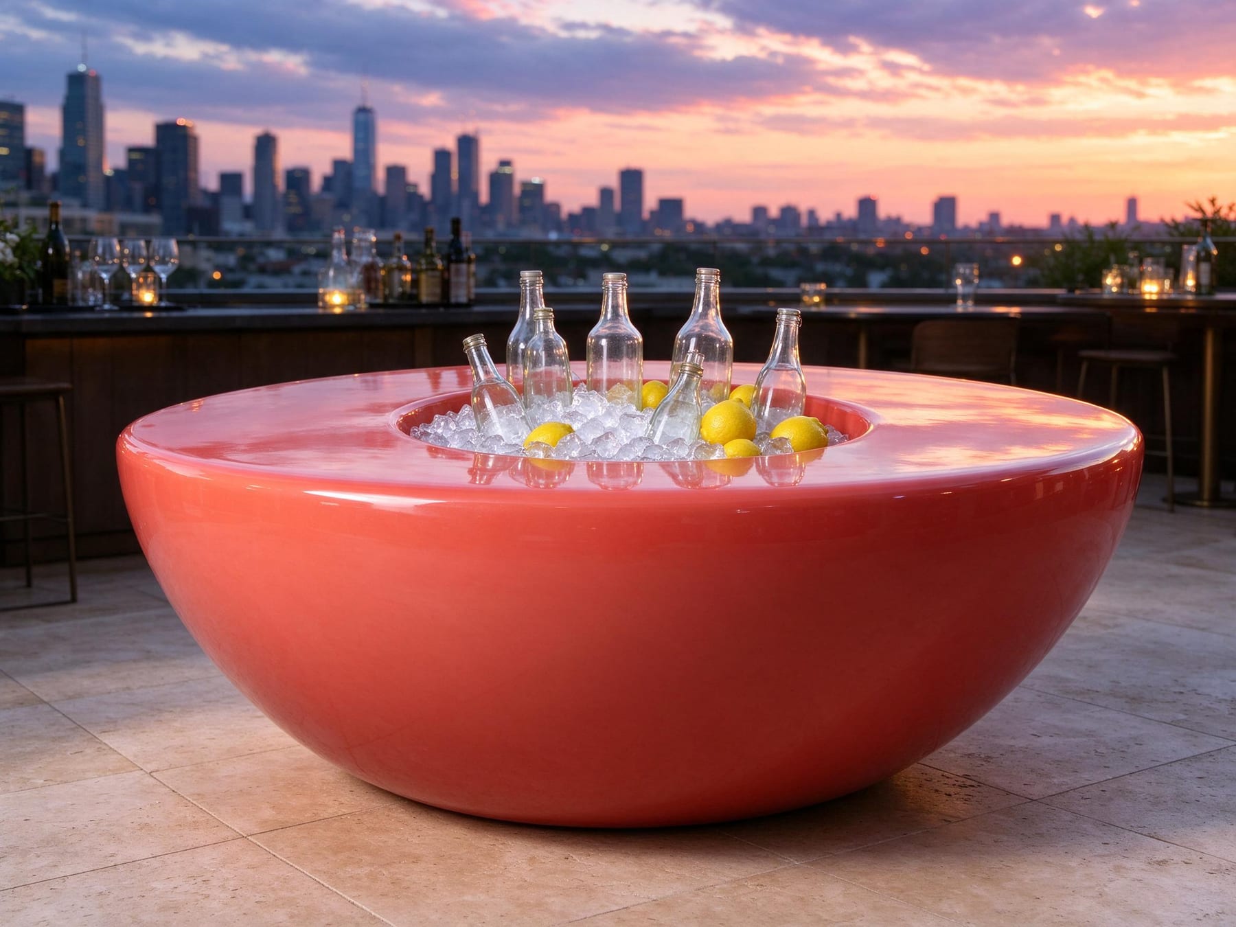 Coral-red dome ice table on a rooftop bar