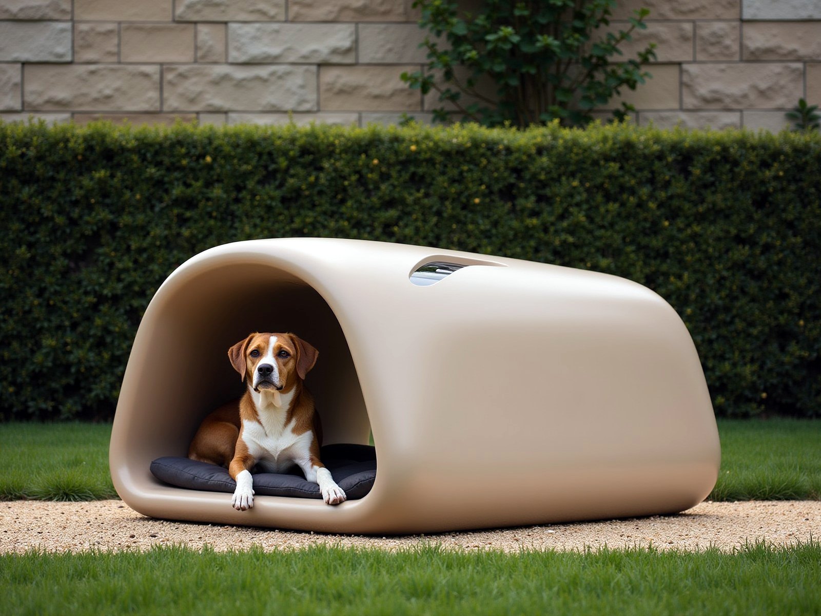 Sand-toned fiberglass dog den shaped like a river stone on a lawn