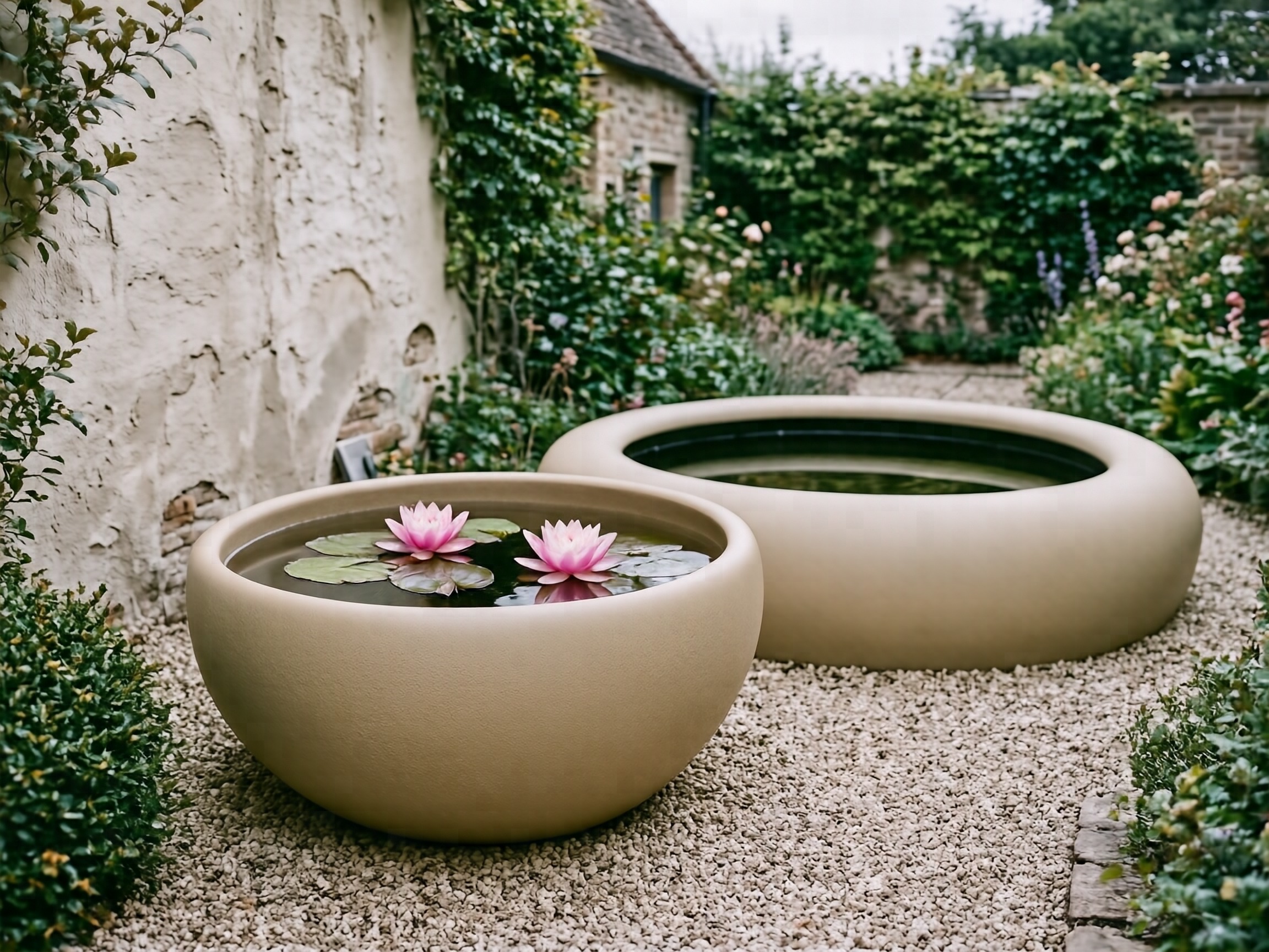 Sand-beige raised fiberglass pond with water lilies in a courtyard