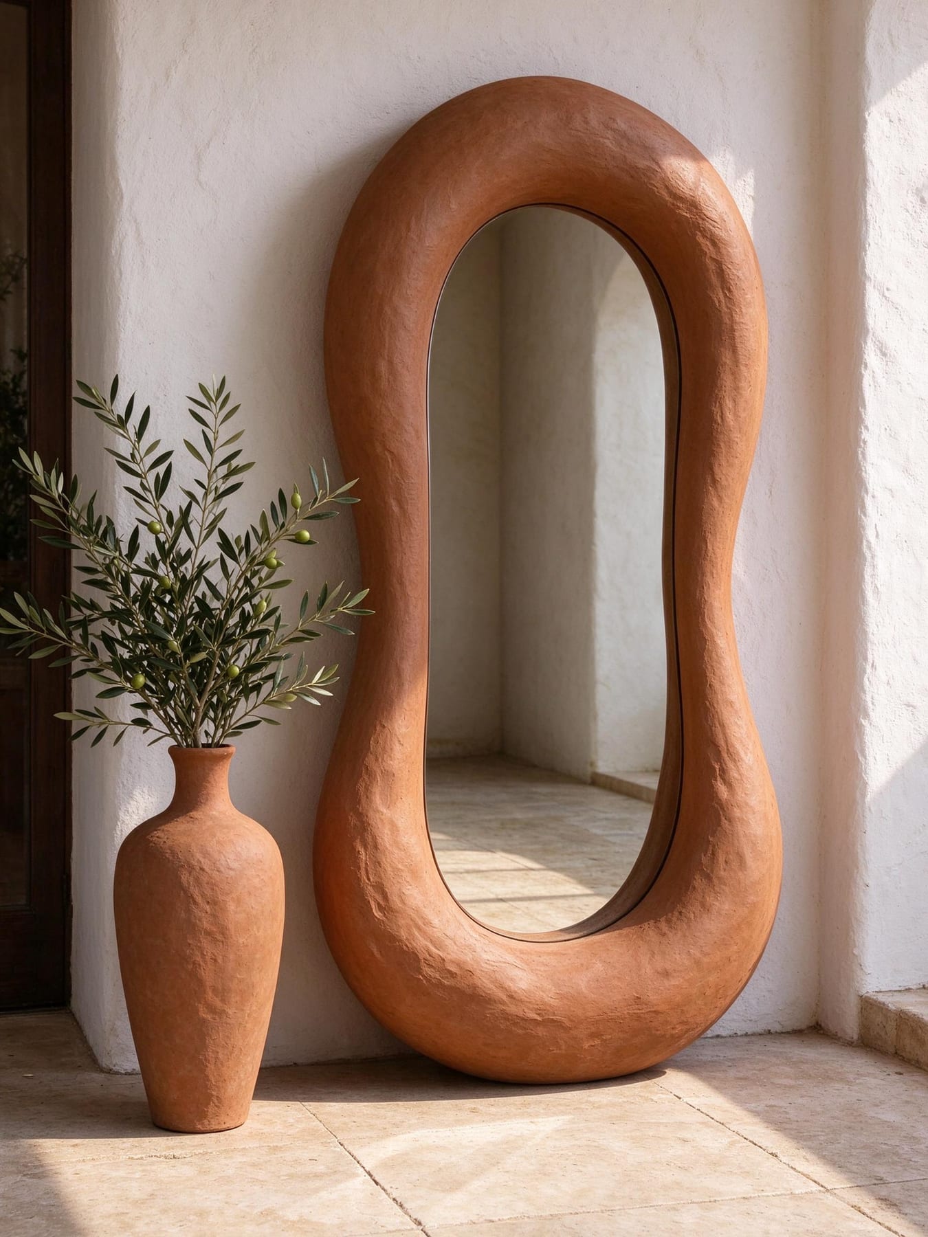 Terracotta loop floor mirror with an olive-branch vase
