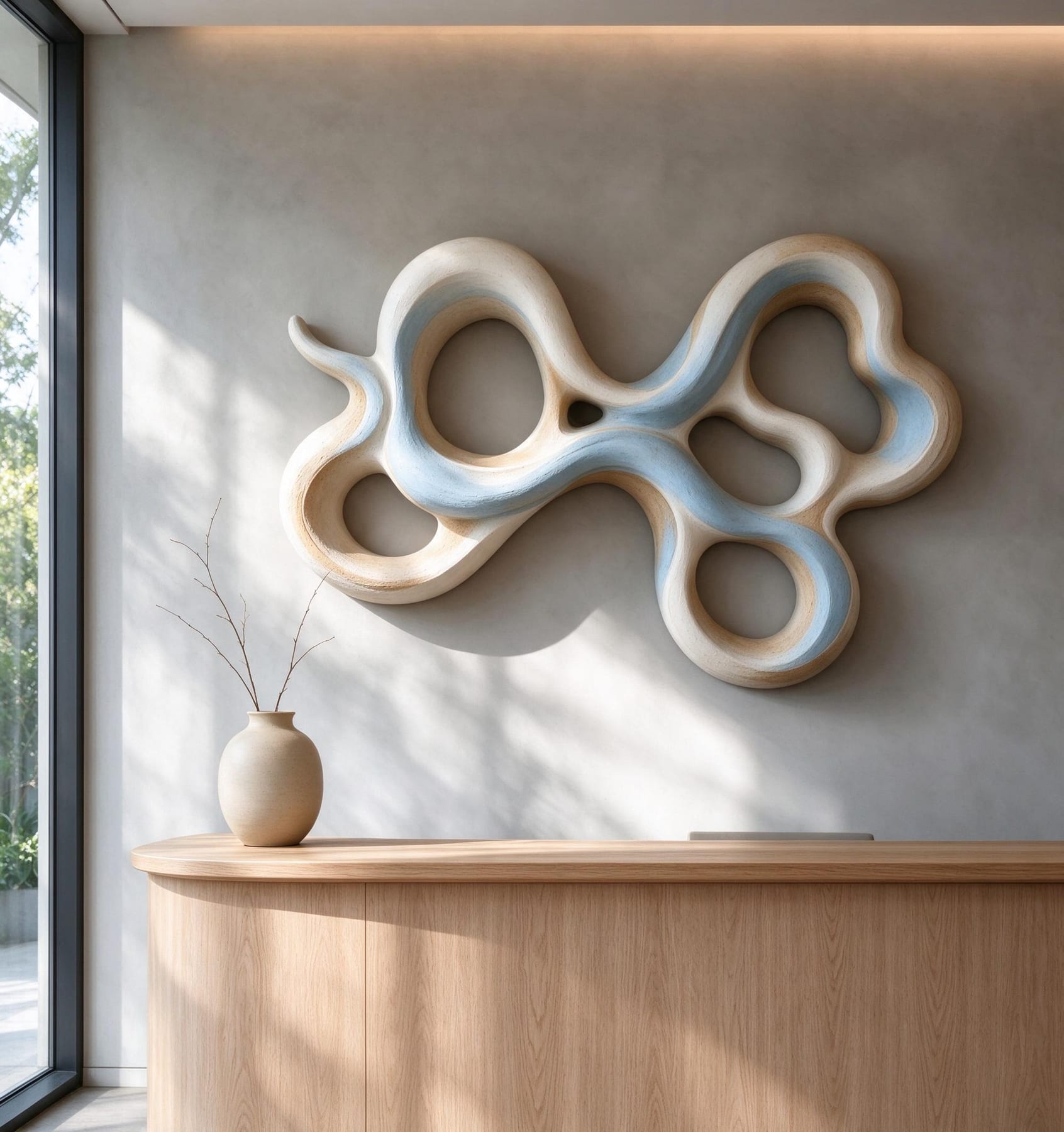 Ivory and sky-blue loop relief in a spa reception