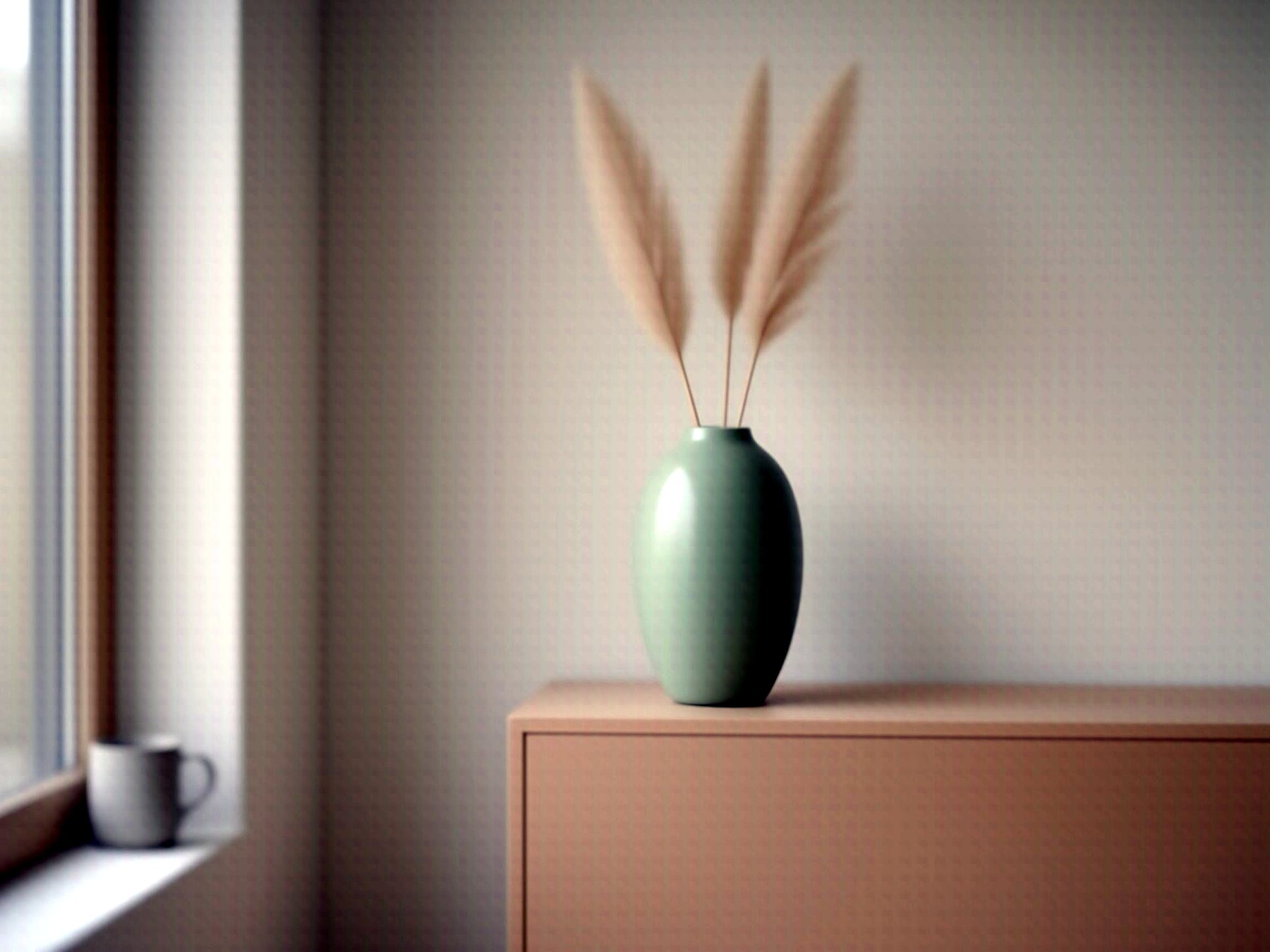 Sage-green pebble vase with pampas stems on an oak sideboard