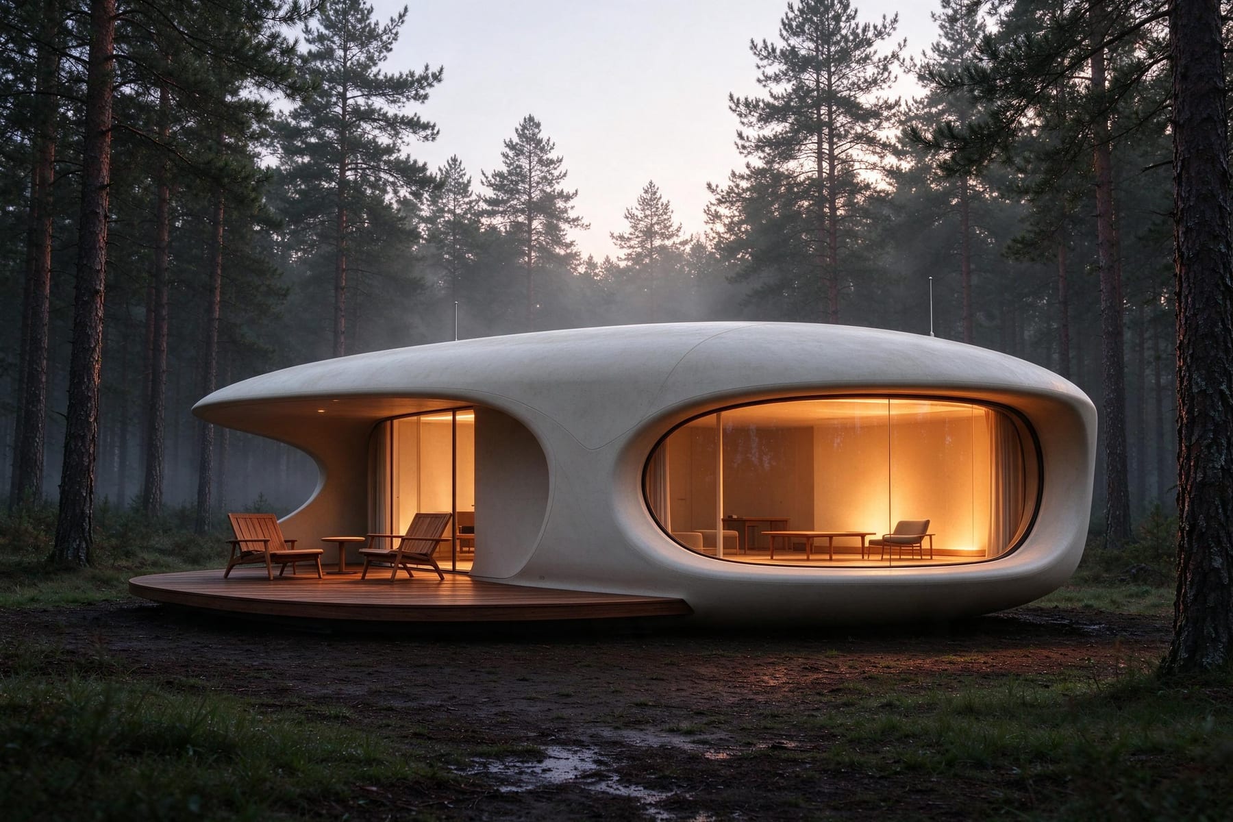 Sand-white living pod in a misty pine forest