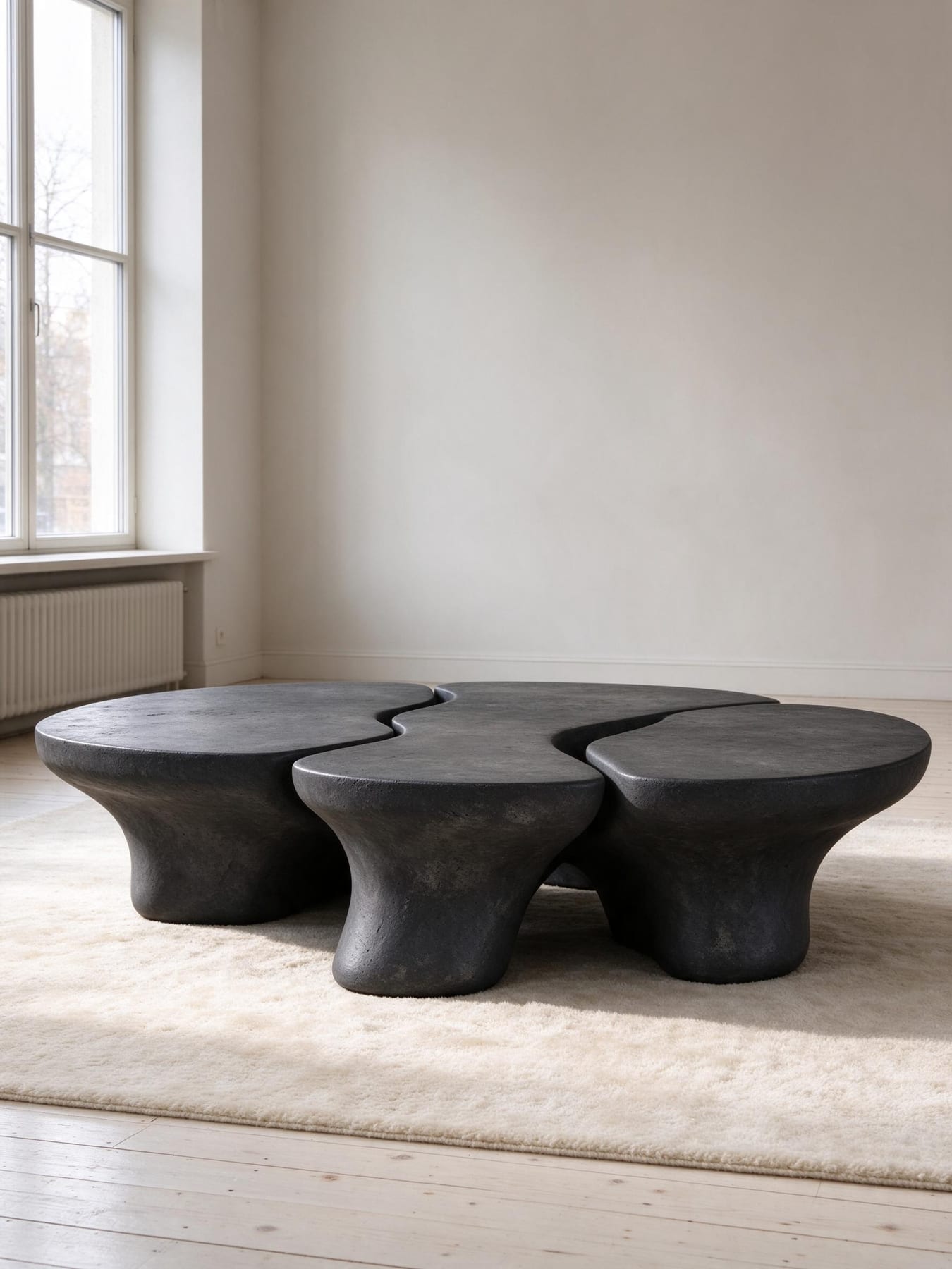 Three-part charcoal organic coffee table in a Nordic loft