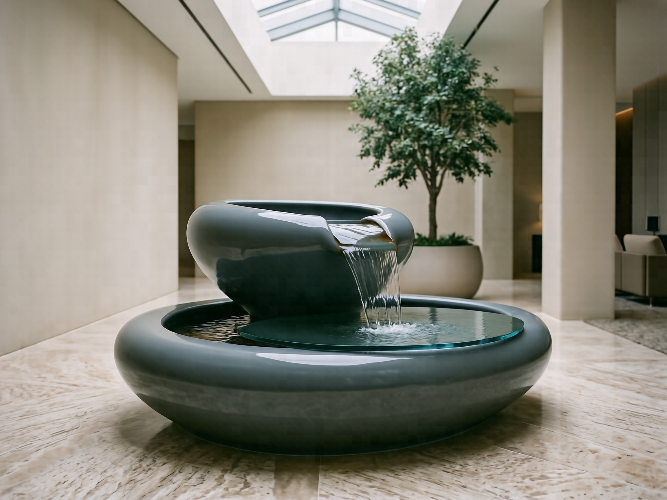 Charcoal fiberglass fountain basin in a skylit lobby