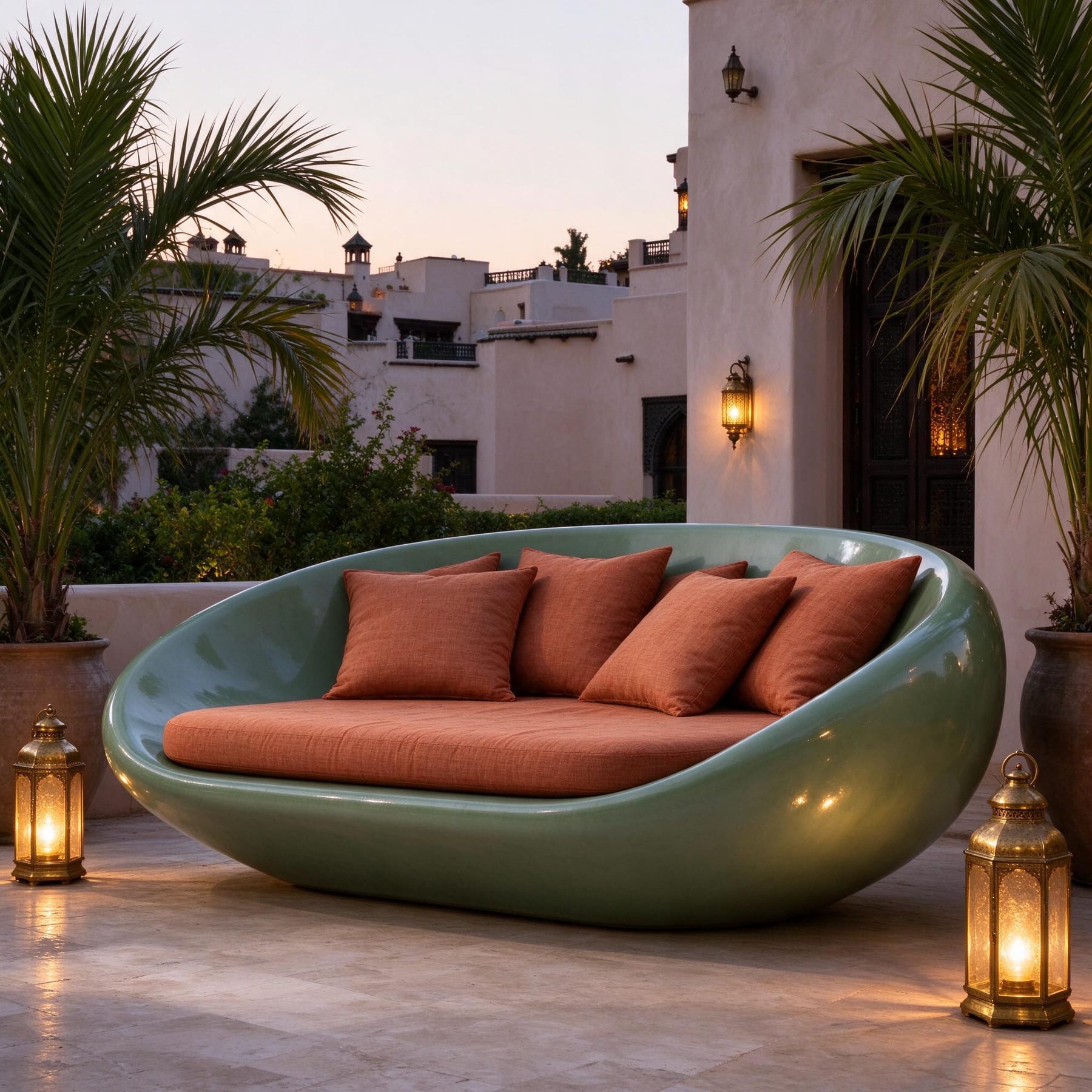 Sage-green fiberglass shell daybed on a riad terrace at dusk