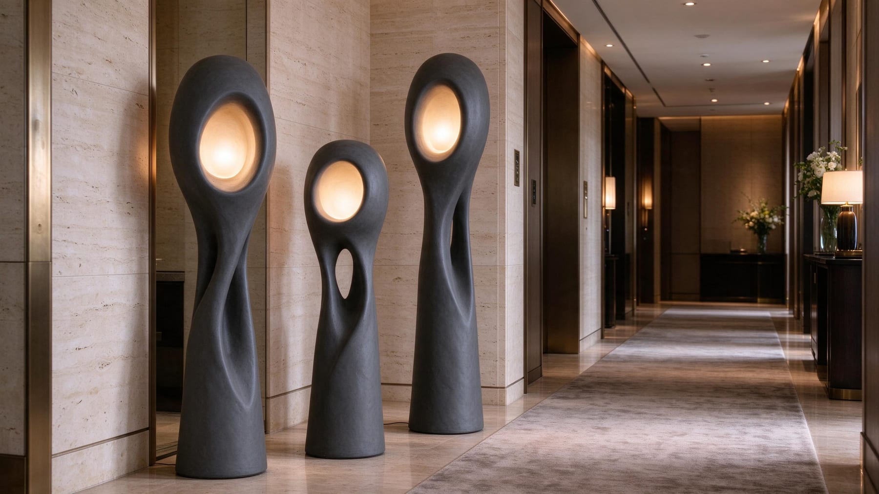 Three charcoal light totems in a hotel corridor