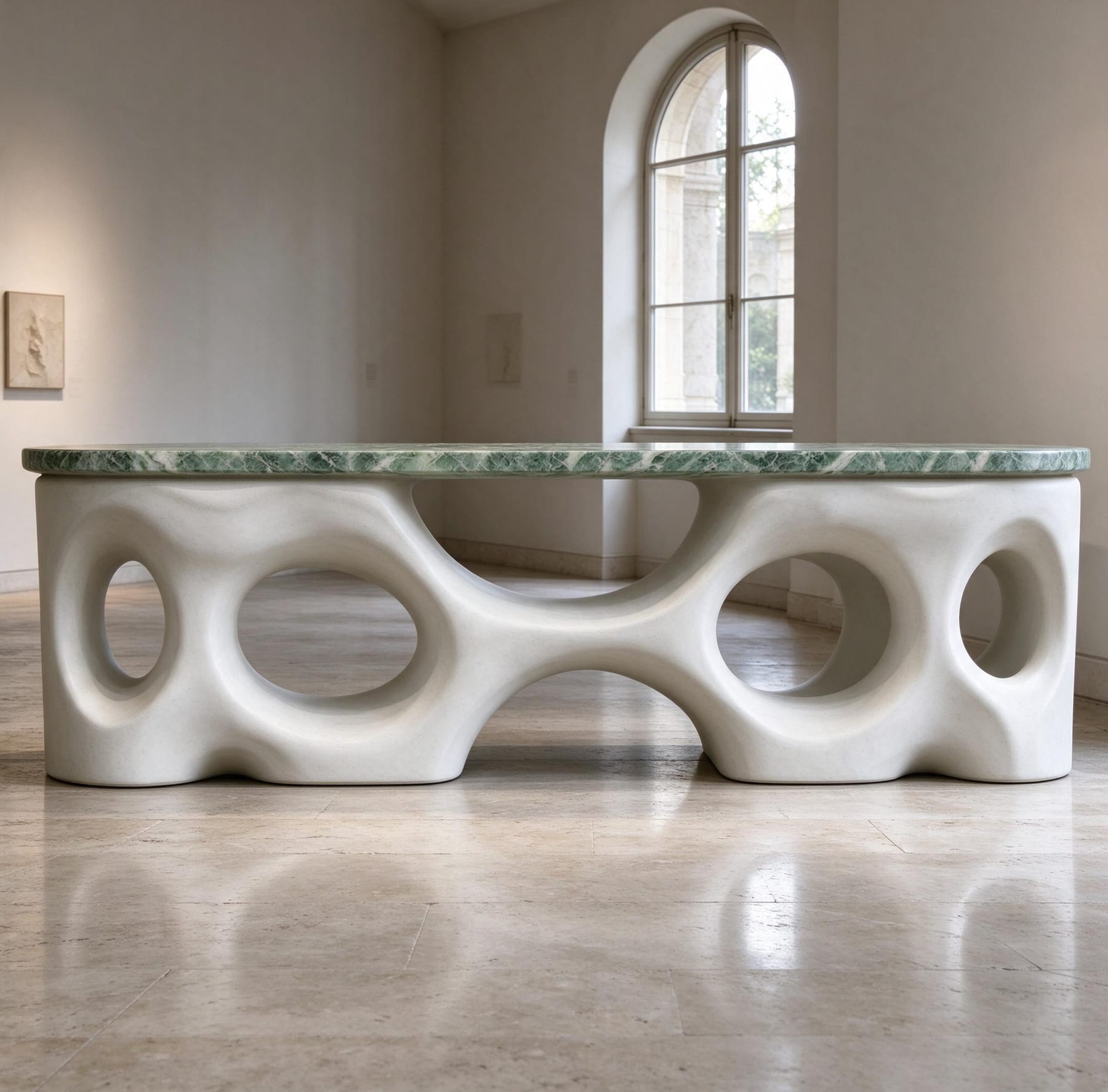 Chalk-white perforated console with green marble top