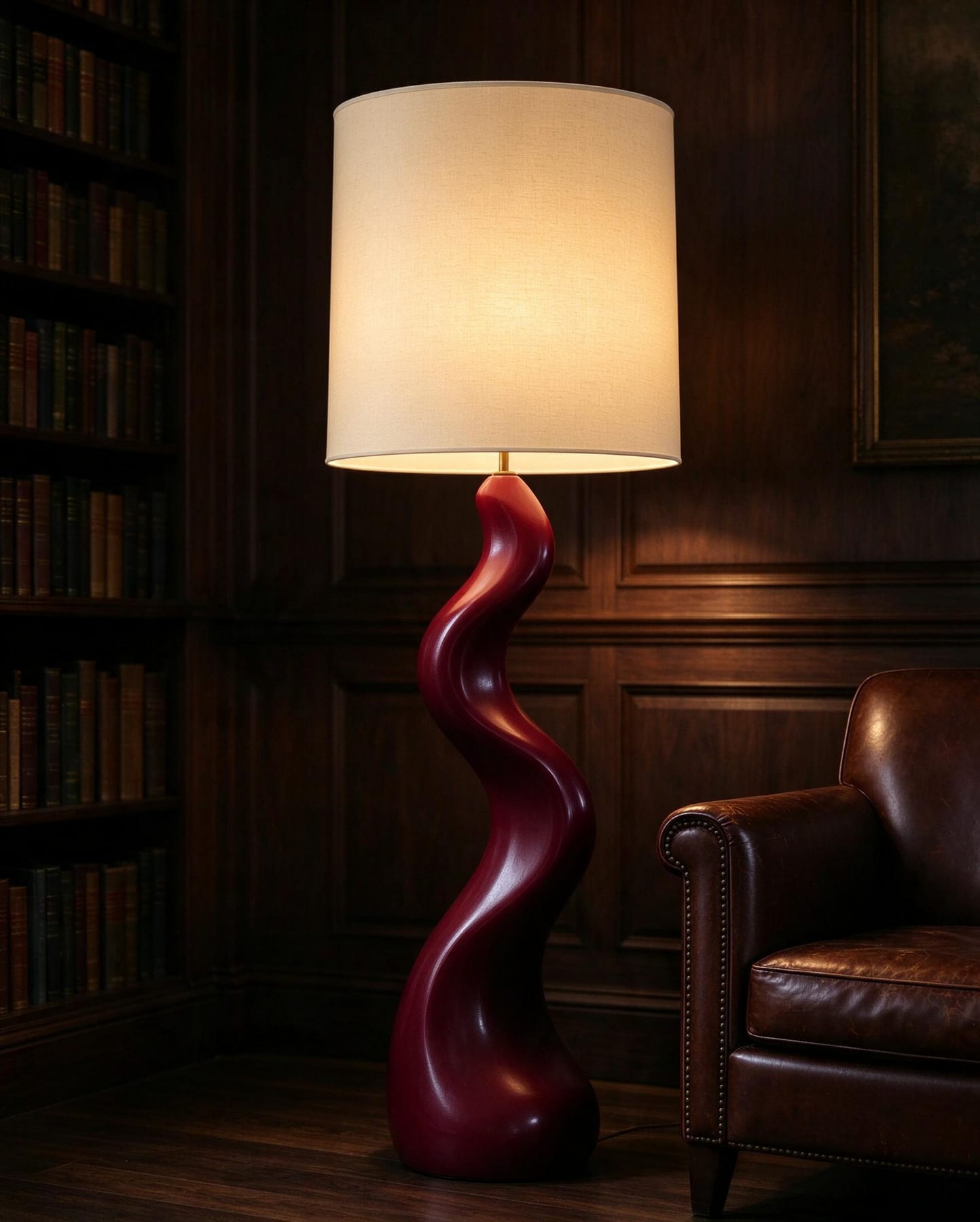 Burgundy wave floor lamp in a panelled library
