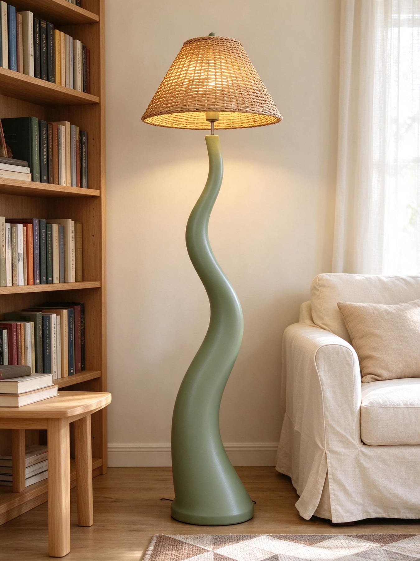Sage-green wave floor lamp with a rattan shade