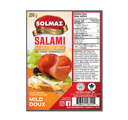 SOLMAZ SLICED BEEF SALAMI MILD (HALAL) 8 OZ (227GR)